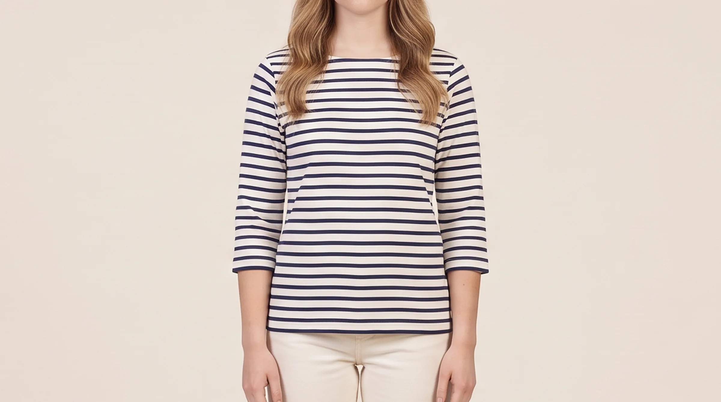 The same Breton shirt rendered on a model, stripes aligned at the seams